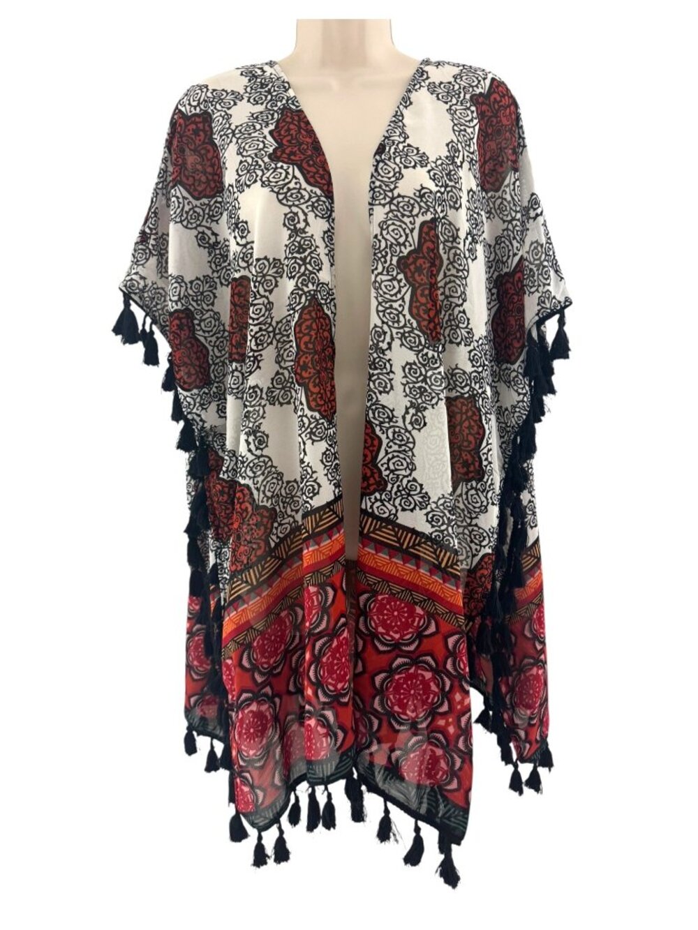 Boho Printed Kimono Duster Beach Swim Cover Up Tassels Size M Festival Concert